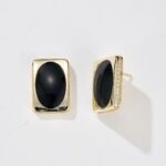 Side diamond and oval enamel black earring